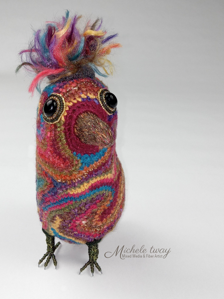 Jewel - a mixed media and fiber art bird sculpture by Michele Tway