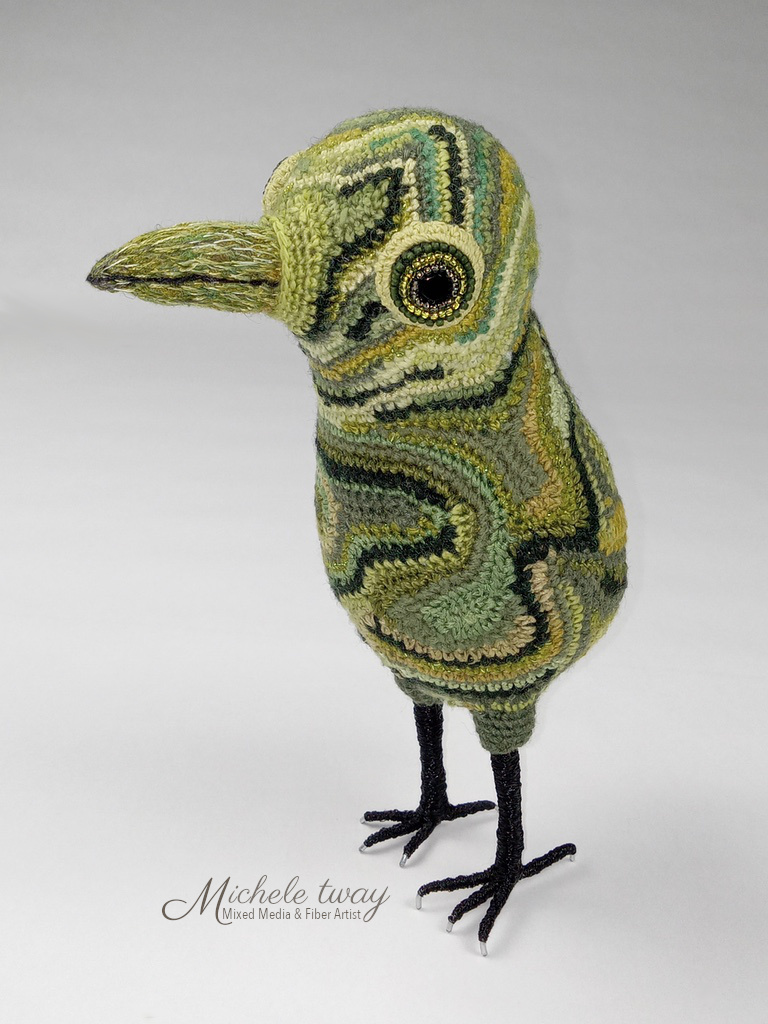 Juniper, fiber art and mixed media bird sculpture by Michele Tway