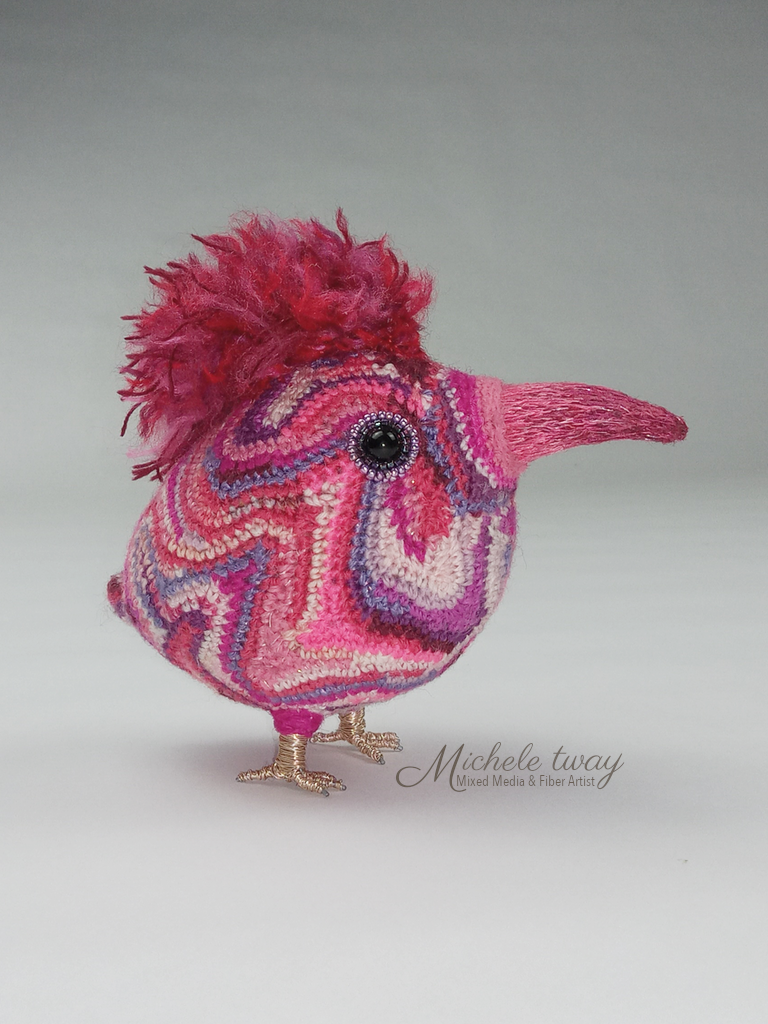 Rosie - mixed media and fiber art bird sculpture by Michele Tway