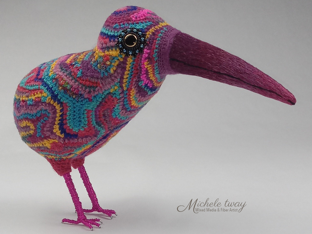 Iris, mixed media and fiber art bird sculpture by Michele Tway