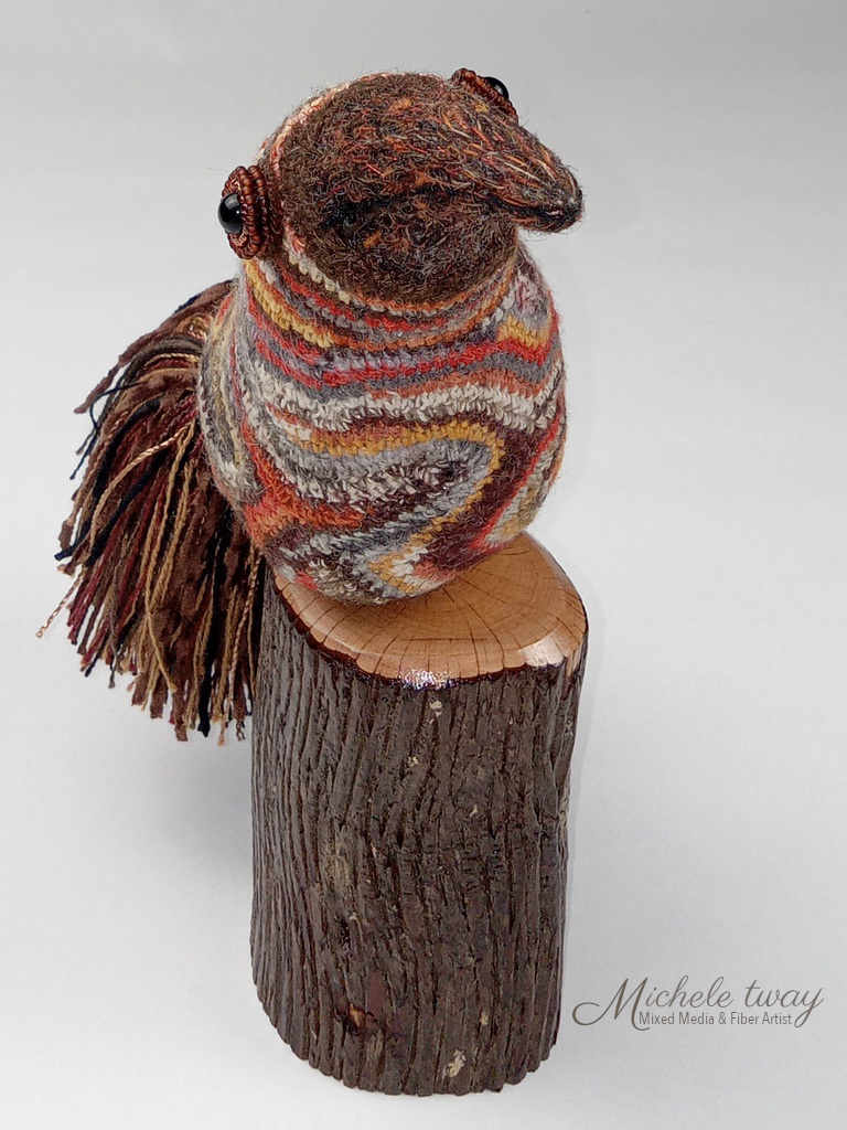 Millicent - mixed media perched bird sculpture by Michele Tway