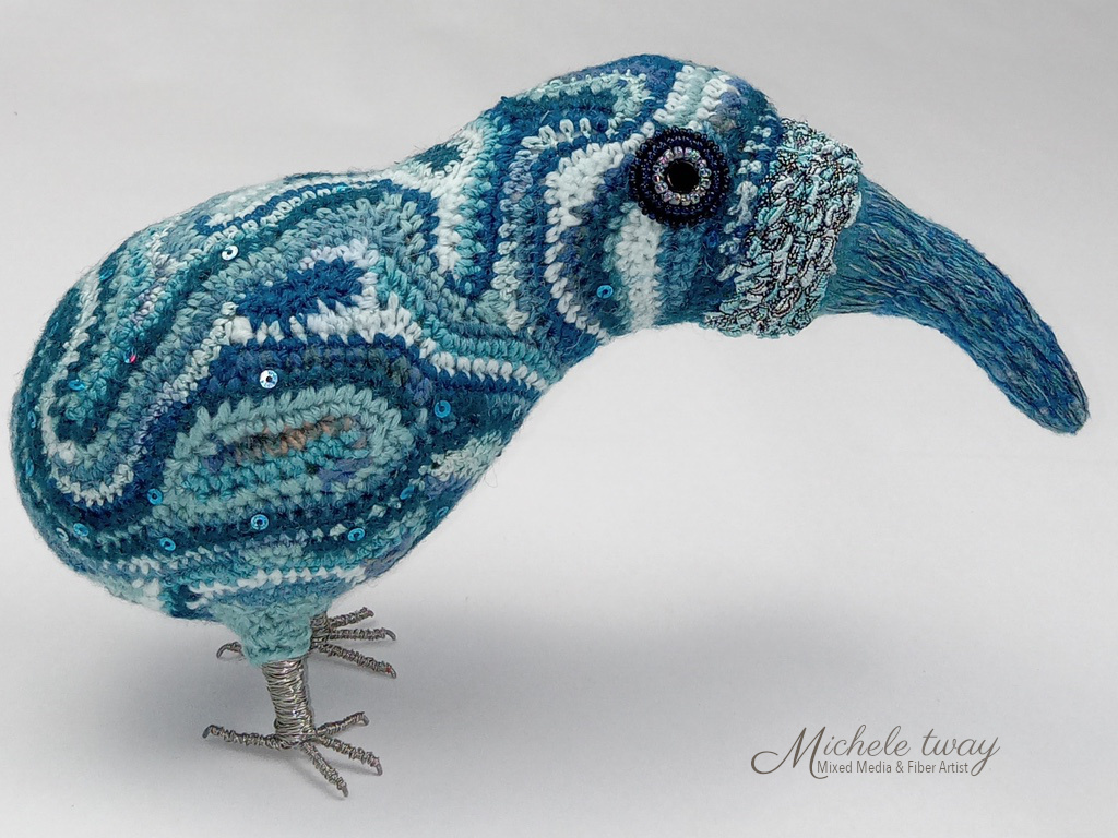 Skylark, a mixed media and fiber arts bird sculpture by Michele Tway