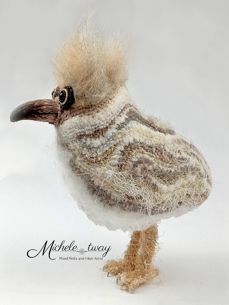 Sylvester, a mixed media and fiber art bird sculpture by Michele Tway