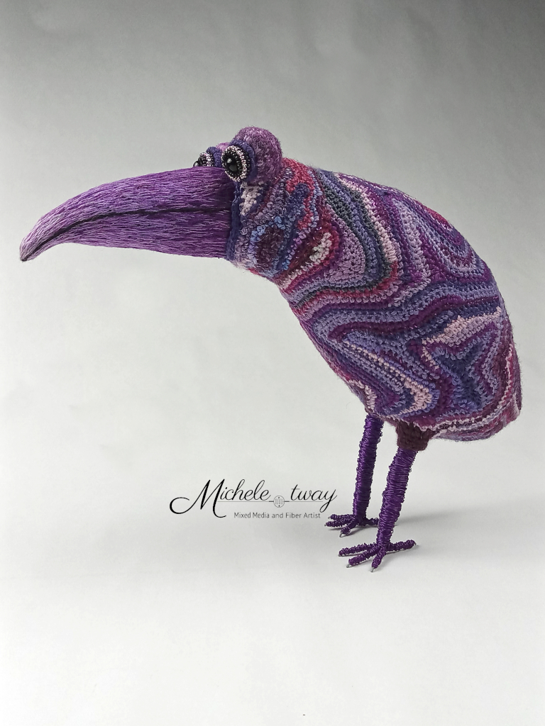 Oliver - a mixed media and fiber art bird sculpture by Michele Tway
