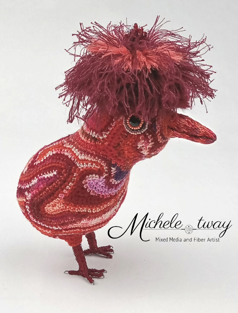 Mixed media and fiber art sculpture "poppy" by Michele Tway.