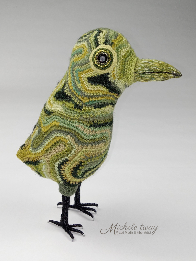 Juniper, a mixed media and fiber art bird sculpture by Michele Tway.