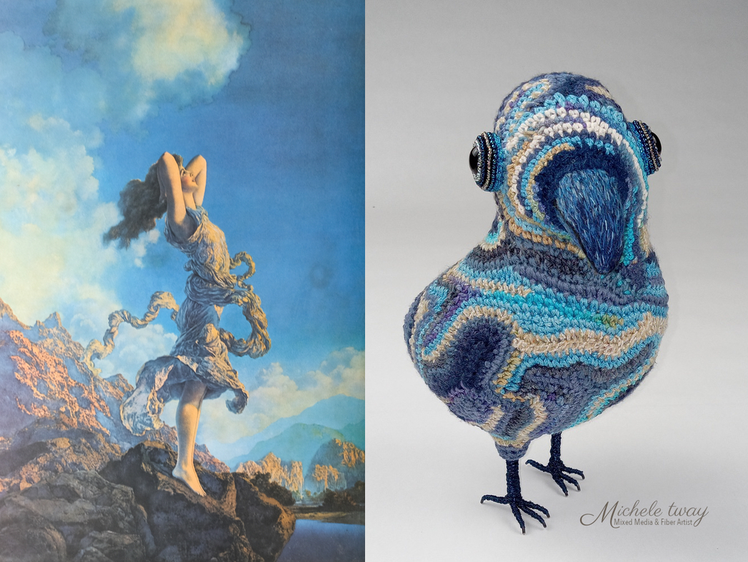 Maxfield, a mixed media bird sculpture by Michele Tway named in honor of the artist Maxfield Parrish; known for his beautiful use of blue in his paintings.