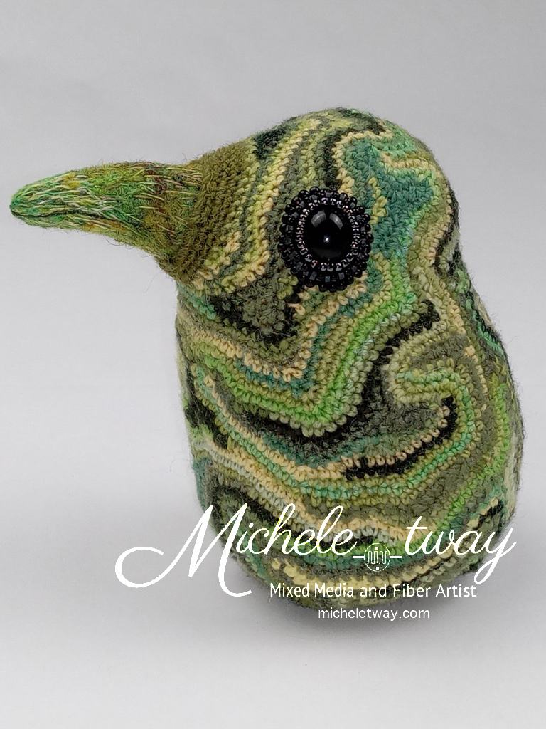 Forest, a mixed media and free-form crochet, bird sculpture by Michele Tway.