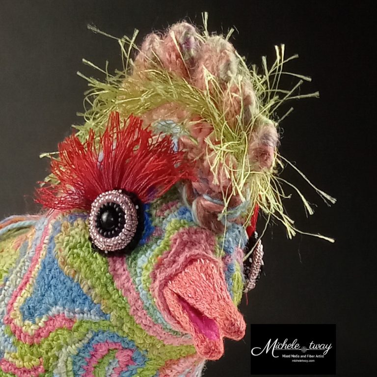 Maya, a citrus-themed, bird sculpture by Michele Tway.