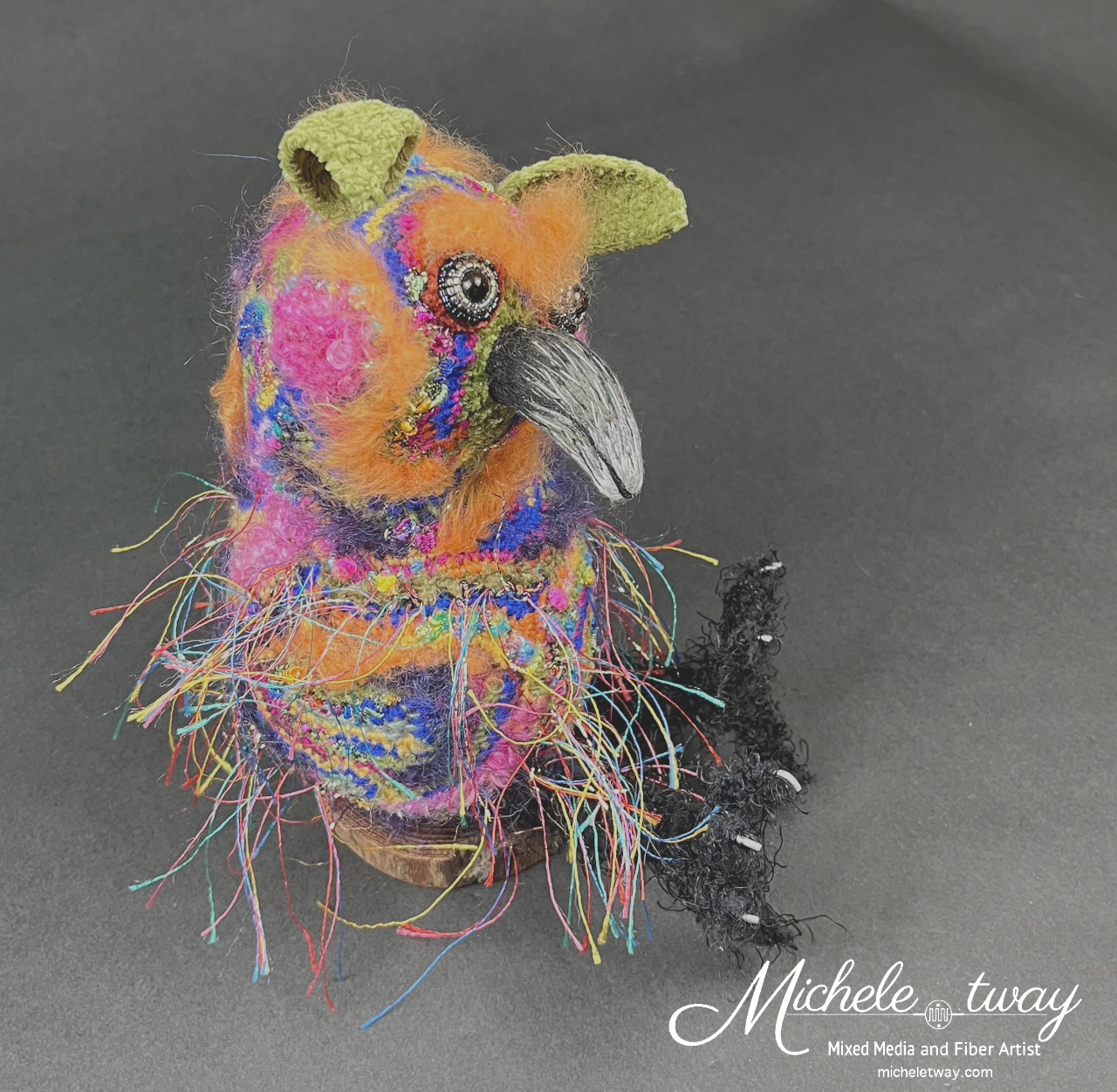 Mixed media and fiber art bird-like elf creature by Michele Tway.