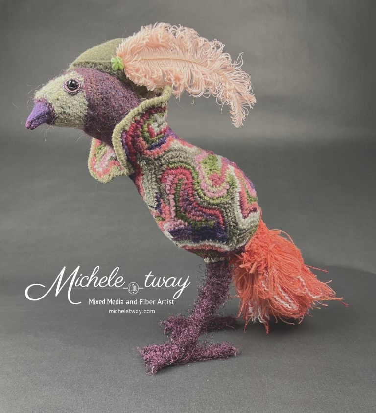 Sherwood is a pheasant with an attitude. He's a mixed media fiber art sculpture by Michele Tway.