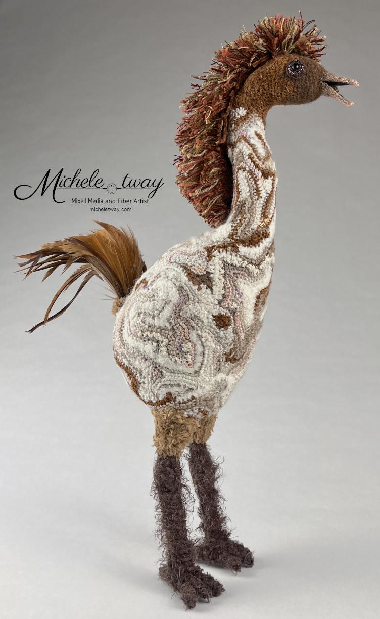Mixed Media Fiber Art sculpture named Nadya by Michele Tway. View of Nadya facing right.